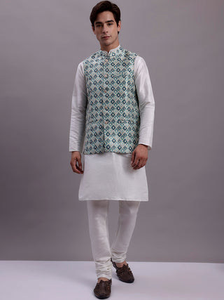 Men's Turquoise Blue Woven Design Nehru Jacket With Solid Kurta Pyjama.