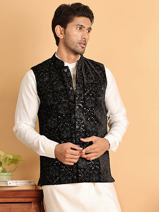 Black Embroidered Nehru Jacket  for Men