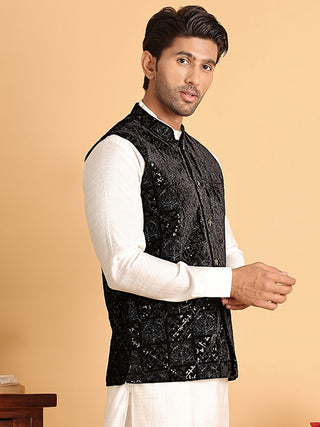 Black Embroidered Nehru Jacket  for Men