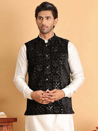 Black Embroidered Nehru Jacket  for Men