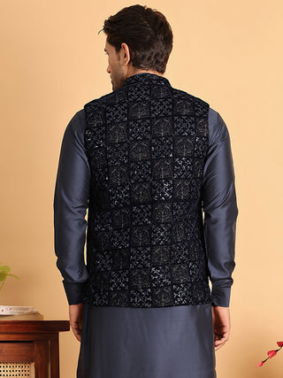 Navy Blue Embroidered Nehru Jacket  for Men