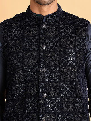 Navy Blue Embroidered Nehru Jacket  for Men