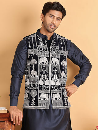 Navy Blue Embroidered Velvet Nehru Jacket for Men