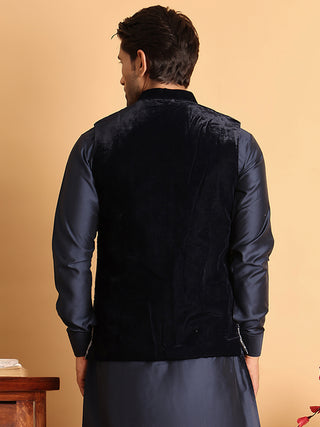 Navy Blue Embroidered Velvet Nehru Jacket for Men