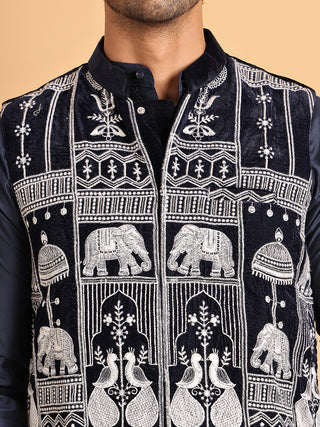 Navy Blue Embroidered Velvet Nehru Jacket for Men