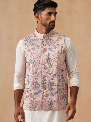 Floral Embroidered Silk Blend Nehru Jacket