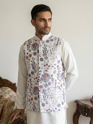 Floral Embroidered Silk Blend Nehru Jacket
