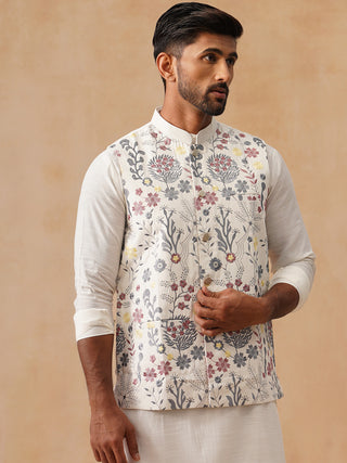 Floral Embroidered Silk Blend Nehru Jacket