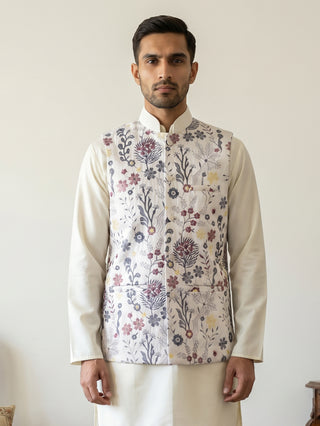 Floral Embroidered Silk Blend Nehru Jacket
