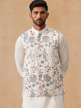 Floral Embroidered Silk Blend Nehru Jacket