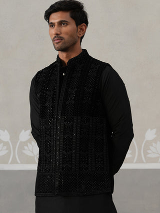 Black Embroidered Velvet Nehru Jacket for Men