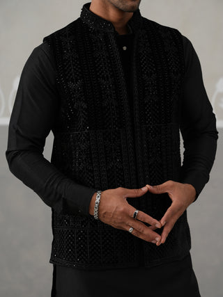 Black Embroidered Velvet Nehru Jacket for Men