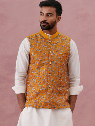 Floral Embroidered Silk Nehru Jacket