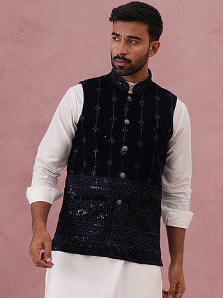 Velvet Sequin Embroidered Nehru Jacket