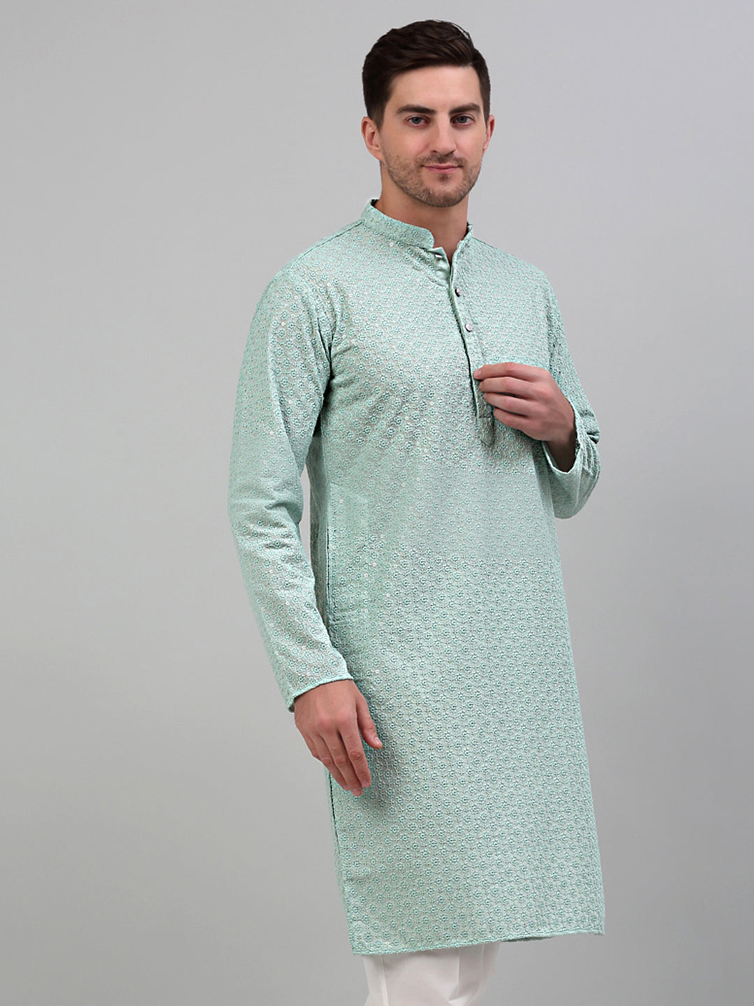 Men's Green Chikankari Embroidered and Sequence Kurta Only