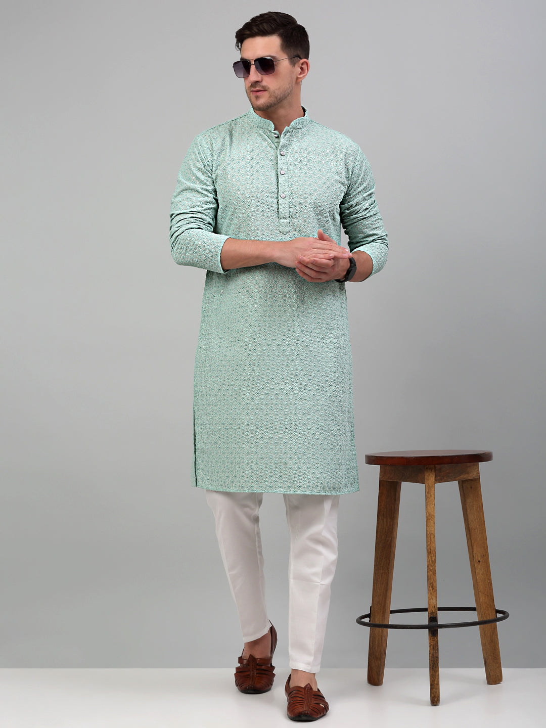 Men's Green Chikankari Embroidered and Sequence Kurta Only
