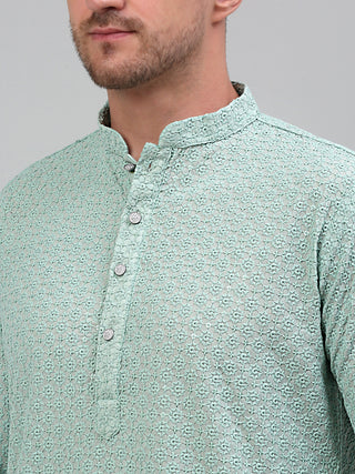 Men's Green Chikankari Embroidered and Sequence Kurta Only