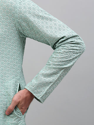 Men's Green Chikankari Embroidered and Sequence Kurta Only