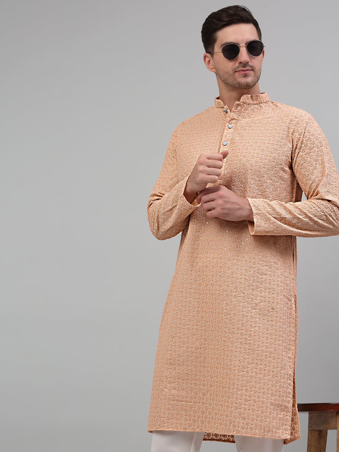Men's Peach Chikankari Embroidered and Sequence Kurta Only