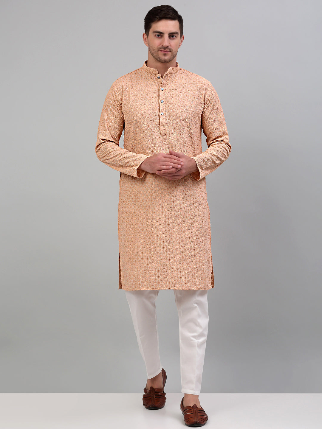 Men's Peach Chikankari Embroidered and Sequence Kurta Only