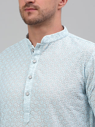 Men's Sky Blue Chikankari Embroidered and Sequence Kurta Only