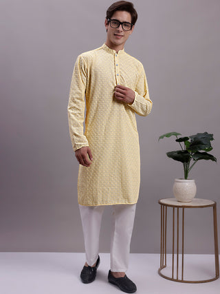 Men's Yellow Chikankari Embroidered and Sequence Kurta