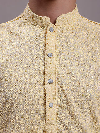 Men's Yellow Chikankari Embroidered and Sequence Kurta