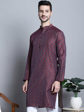 Men Maroon Woven Design Kurta Only