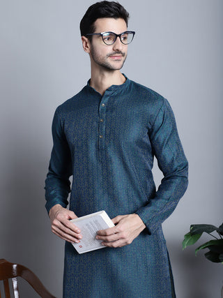 Men Navy Blue Woven Design Kurta Only