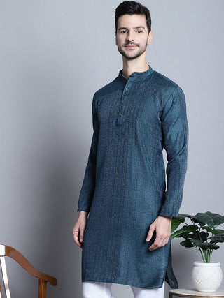 Men Navy Blue Woven Design Kurta Only