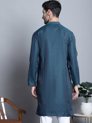 Men Navy Blue Woven Design Kurta Only