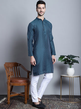 Men Navy Blue Woven Design Kurta Only