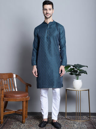 Men Navy Blue Woven Design Kurta Only