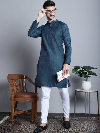 Men Navy Blue Woven Design Kurta Only