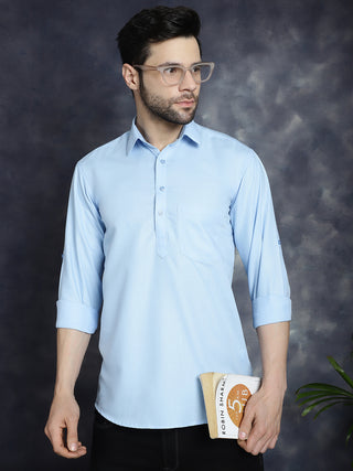 Men's Light Blue Solid Short Kurtas