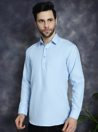 Men's Light Blue Solid Short Kurtas