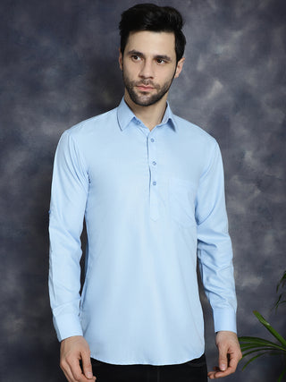 Men's Light Blue Solid Short Kurtas