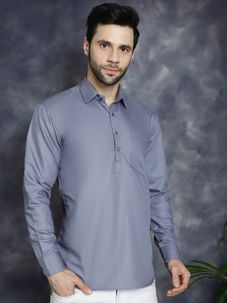 Men's Light Grey Solid Short Kurtas