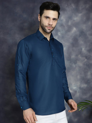 Men's Teal Blue Solid Short Kurtas