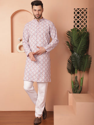 Men Purple and White Floral Printed Kurtas