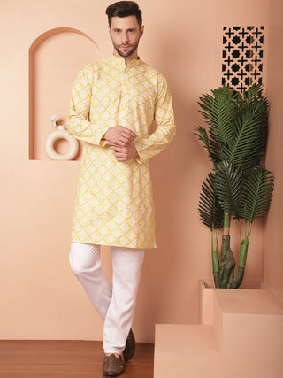 Men Yellow and White Floral Printed Kurtas