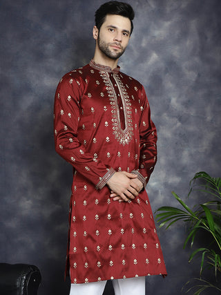 Men's Maroon Chikankari Embroidered Kurtas