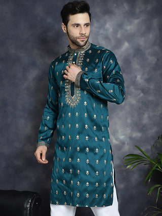 Men's Peacock Blue Chikankari Embroidered Kurtas