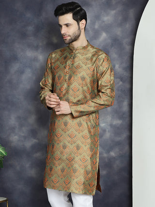 Men Golden Silk Blend Straight Kurtas