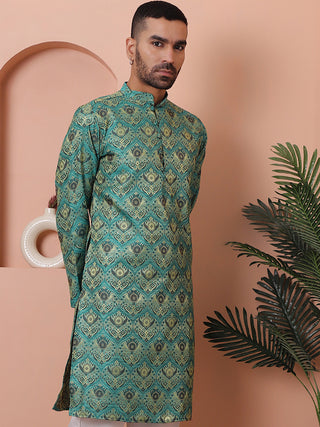 Men Green Silk Blend Straight Kurtas