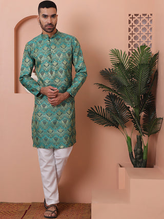 Men Green Silk Blend Straight Kurtas