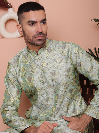 Men Pista Green Silk Blend Straight Kurtas