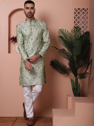 Men Pista Green Silk Blend Straight Kurtas