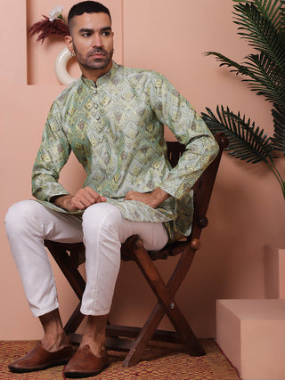 Men Pista Green Silk Blend Straight Kurtas