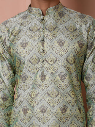 Men Pista Green Silk Blend Straight Kurtas